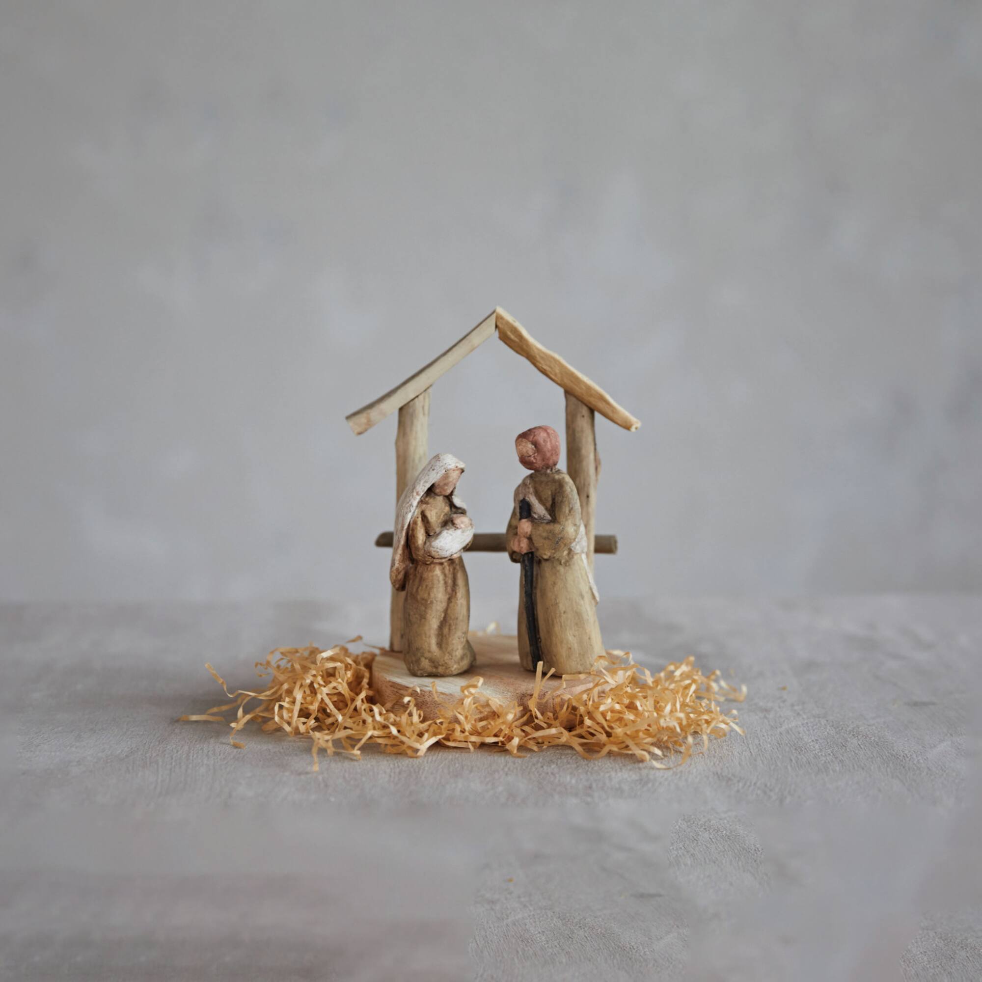 Hello Honey® 5" Natural Handmade Driftwood & Paper Mache Nativity with Wood Base